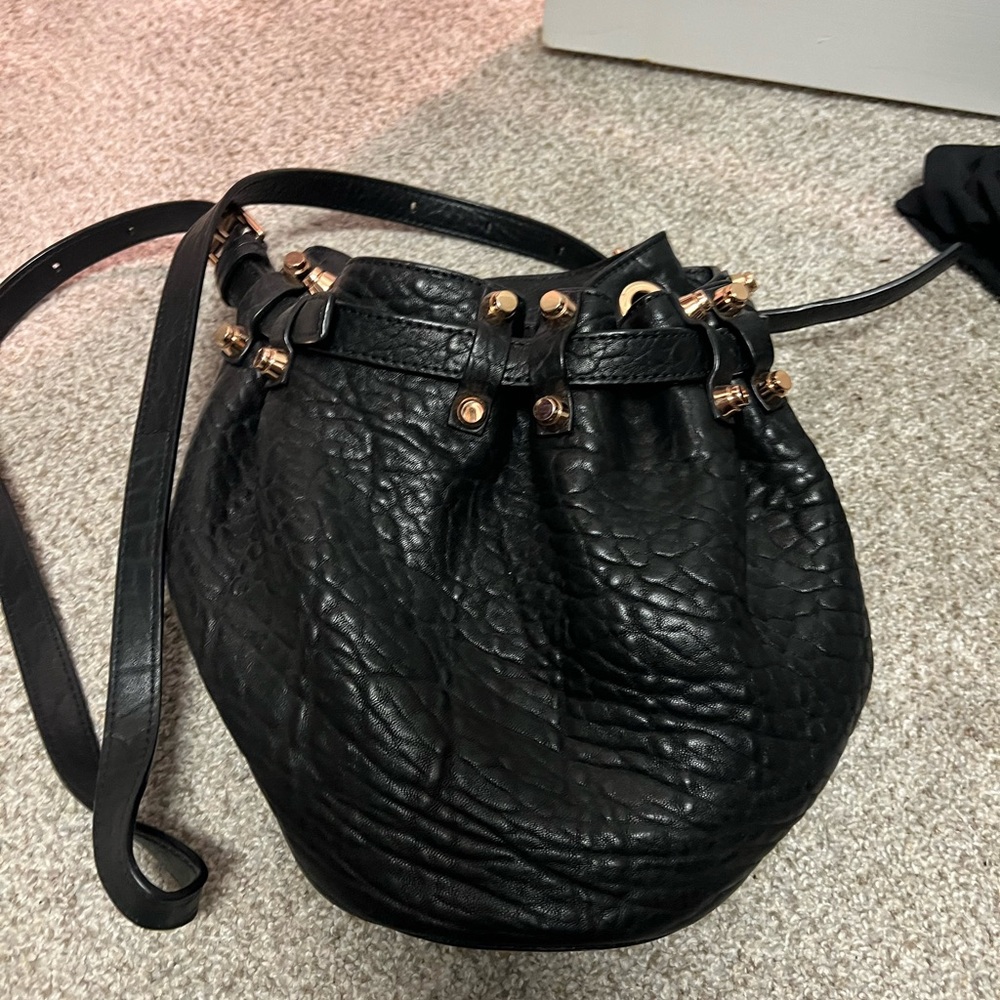 Alexander Wang Black Leather Drawstring Shoulder Bag with Gold Hardware
